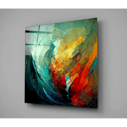 Vibrant swirling teal orange red abstract on glossy glass wall art