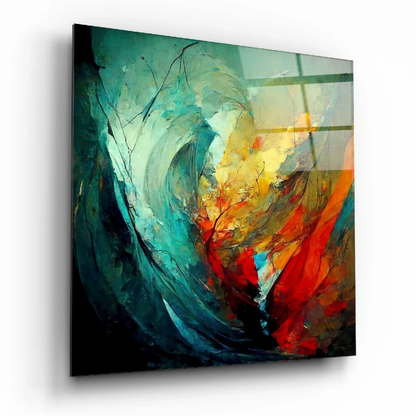 Vibrant swirling teal red yellow abstract glass wall art