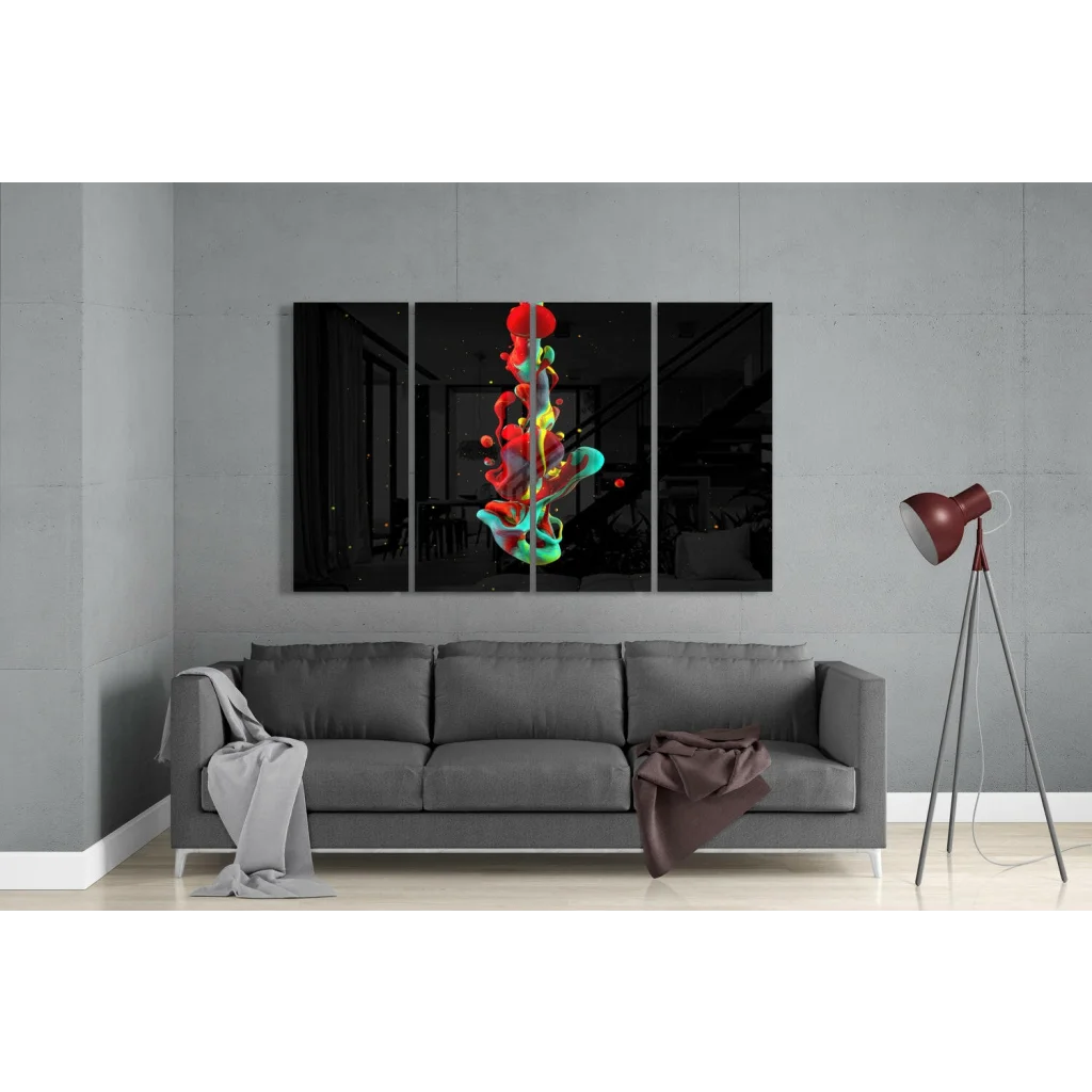 Vibrant swirling red yellow green blue glass wall art triptych on black canvas
