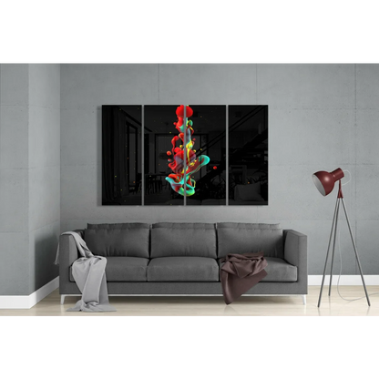 Vibrant swirling red yellow green blue glass wall art triptych on black canvas