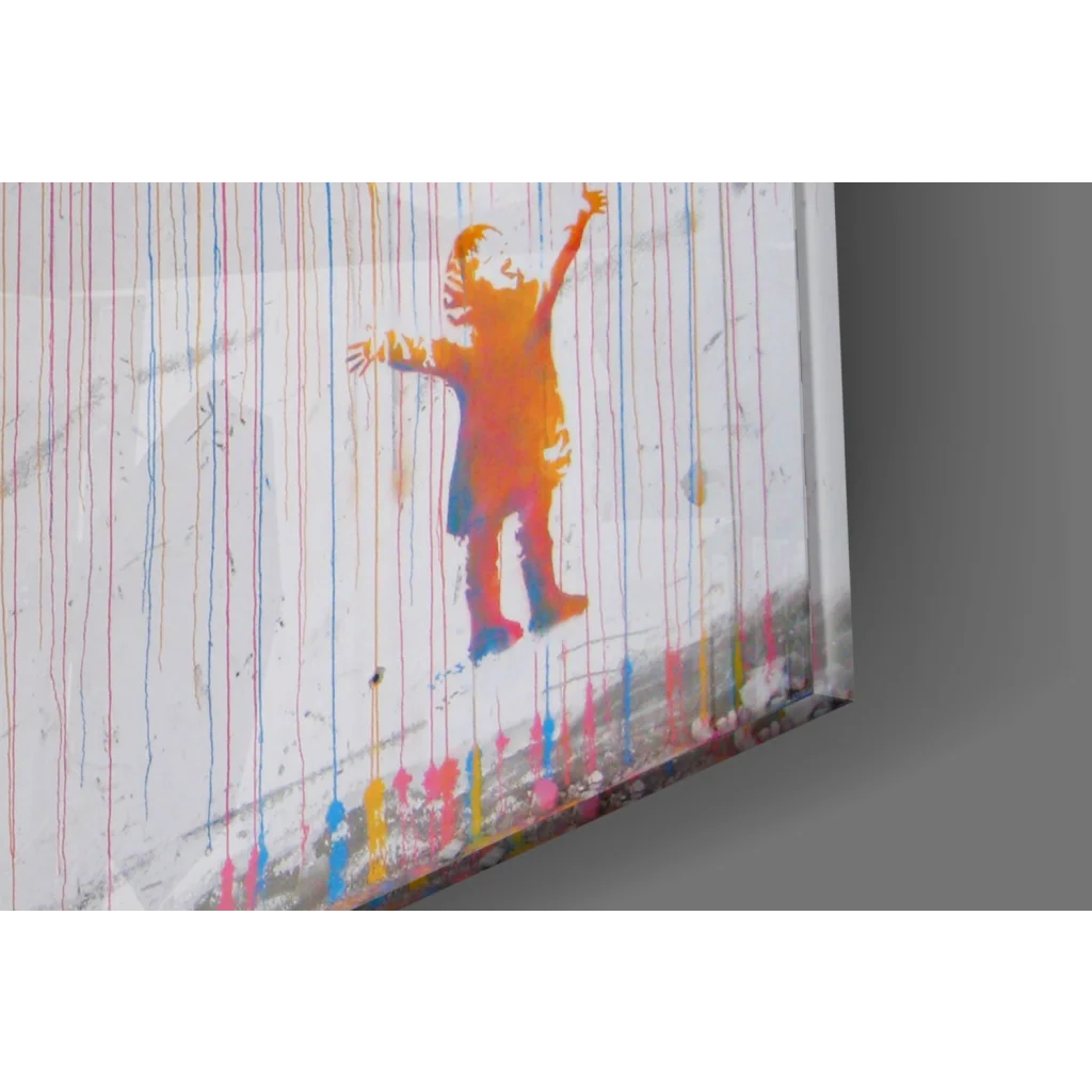 Banksy Rainbow Rain wall art: orange blue stencil child reaching up with paint drips