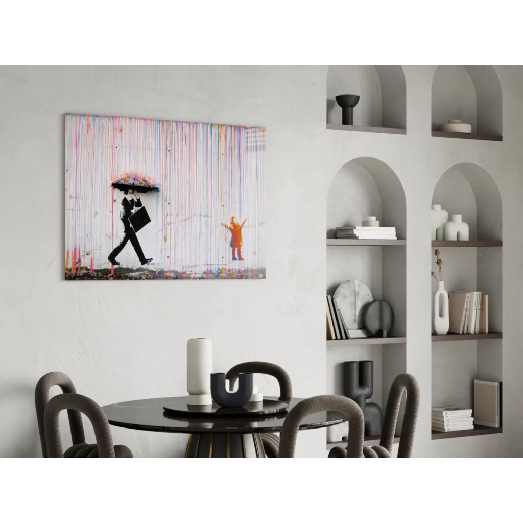 Banksy Rainbow Rain wall art print with black umbrella silhouette and orange figure on colorful streaks
