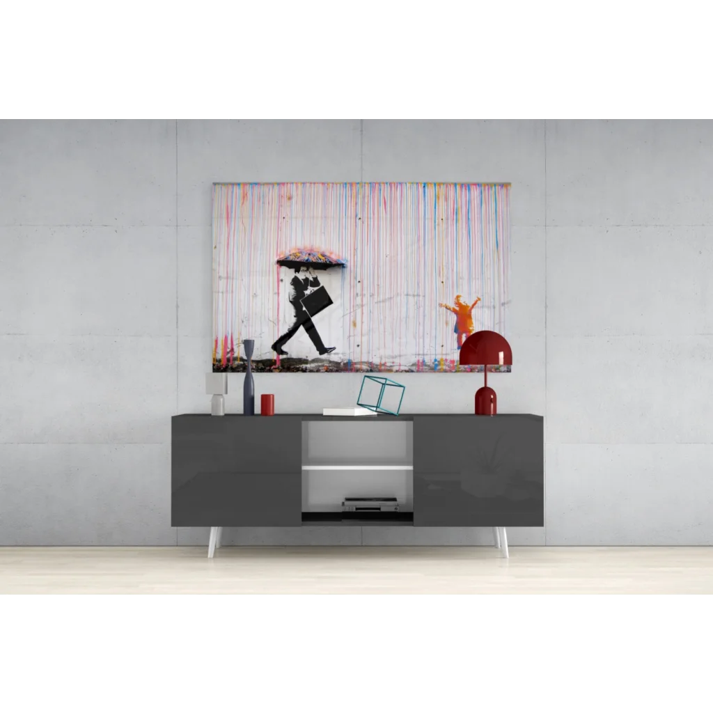 Banksy Rainbow Rain canvas wall art print with black umbrella silhouette on vibrant dripping background