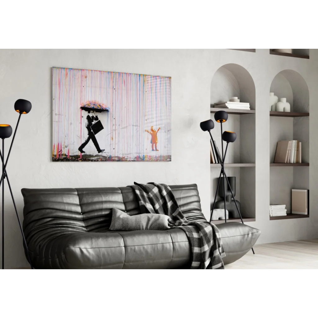 Banksy Rainbow Rain Canvas Wall Art Print | Contemporary Home Wall Art | vintageantiquesgifts.com