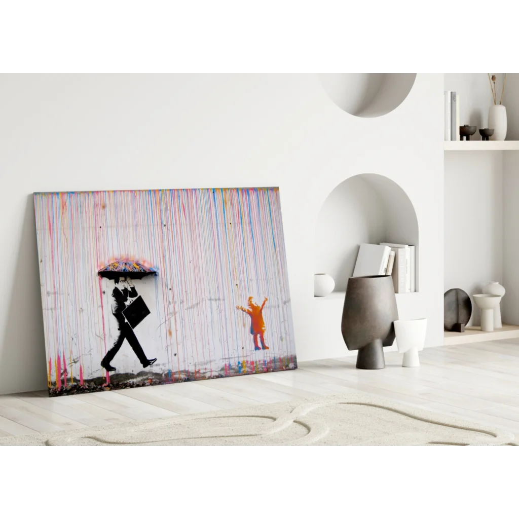 Banksy Rainbow Rain Canvas Wall Art Print | Modern Wall Art Decor | vintageantiquesgifts.com