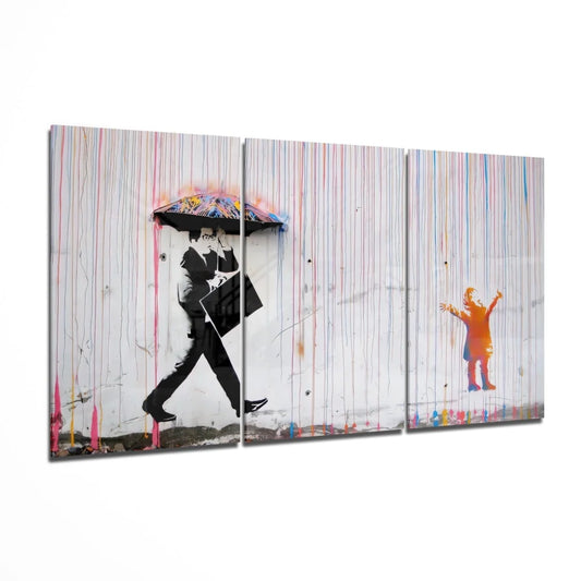 Stunning Triptych Insigne Glass Art with Umbrella Man and Child | Insigneart USA | vintageantiquesgifts.com