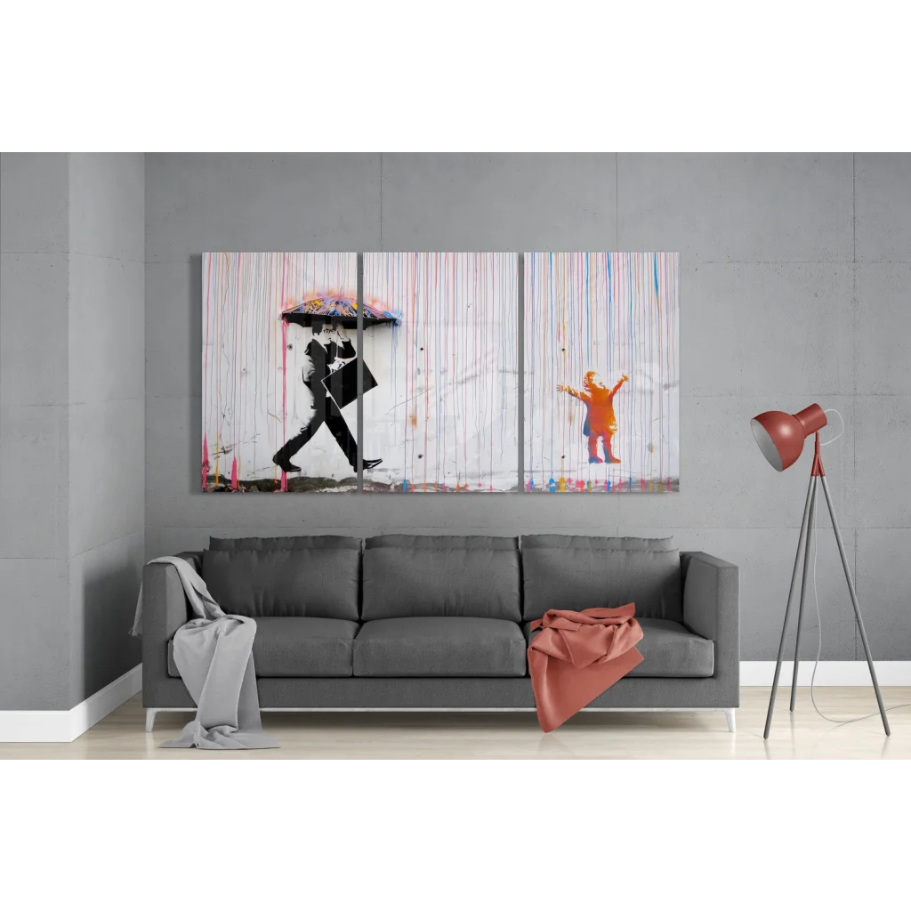 Stunning insigne glass art triptych with umbrella man and colorful child