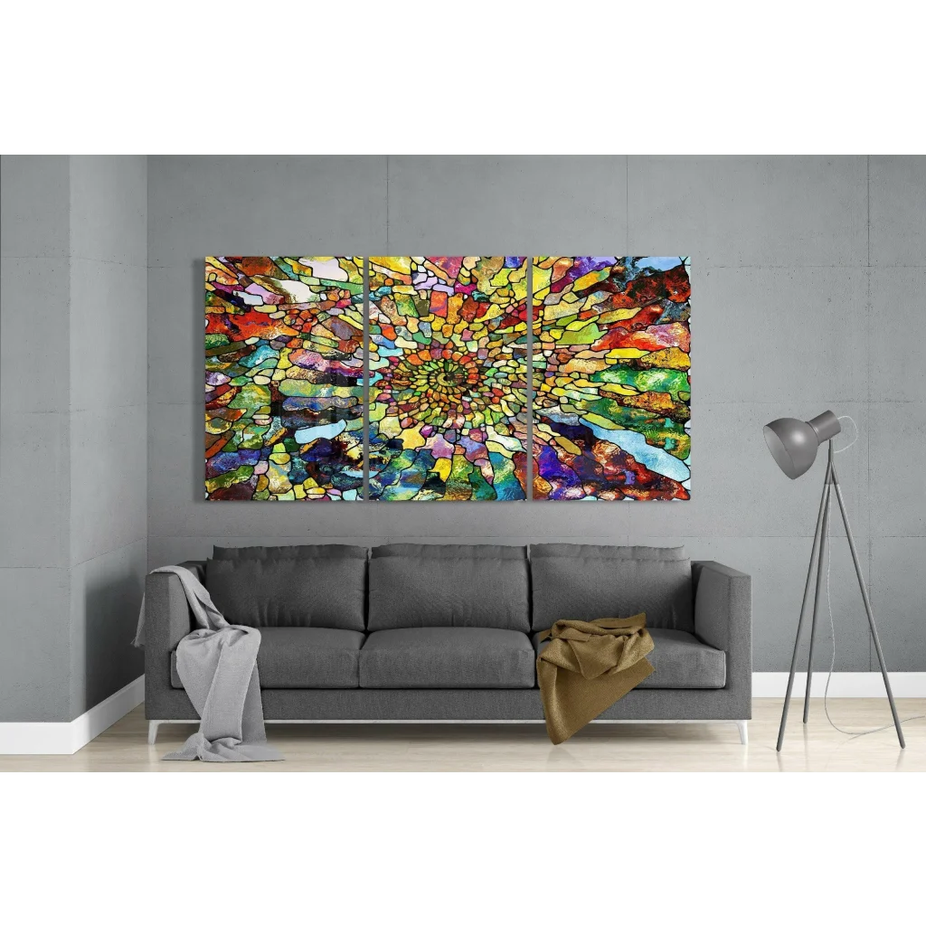 Vibrant radiant swirl stained glass wall art triptych in bold colors