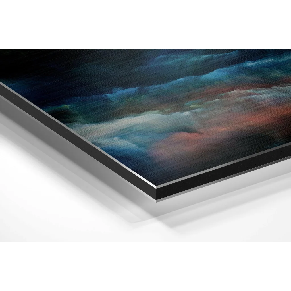 Glass Wall Art Stunning brushed aluminium dibond cosmic art print with swirling blues and pinks