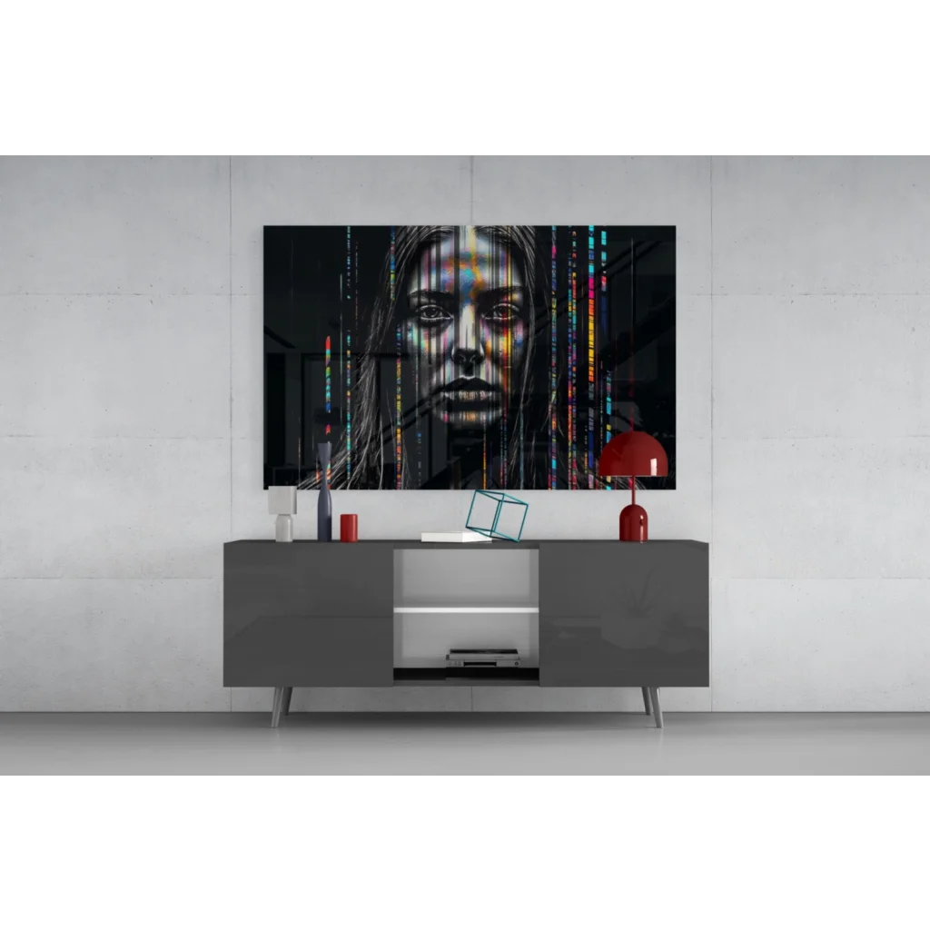 Vibrant rainbow data stream woman on glass wall art canvas print
