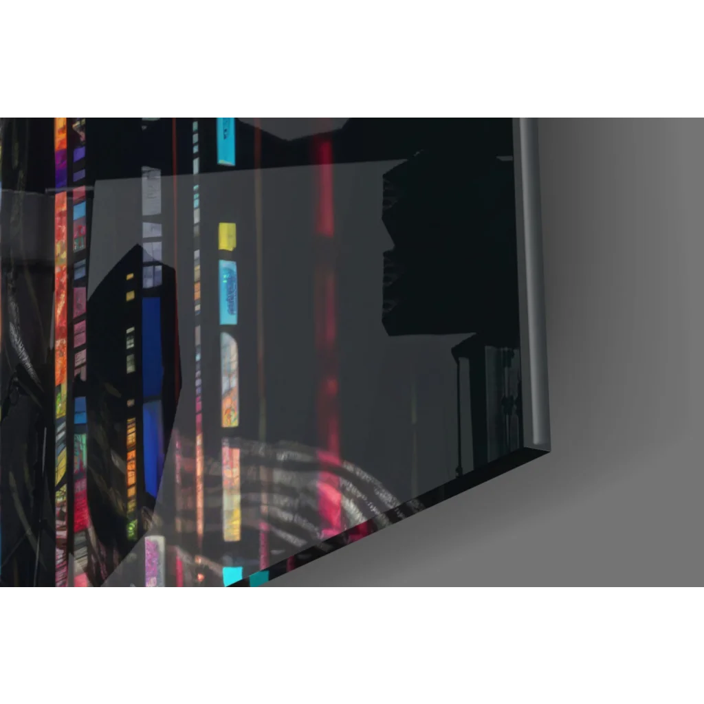 Vibrant cityscape on sleek black-framed glass wall art display