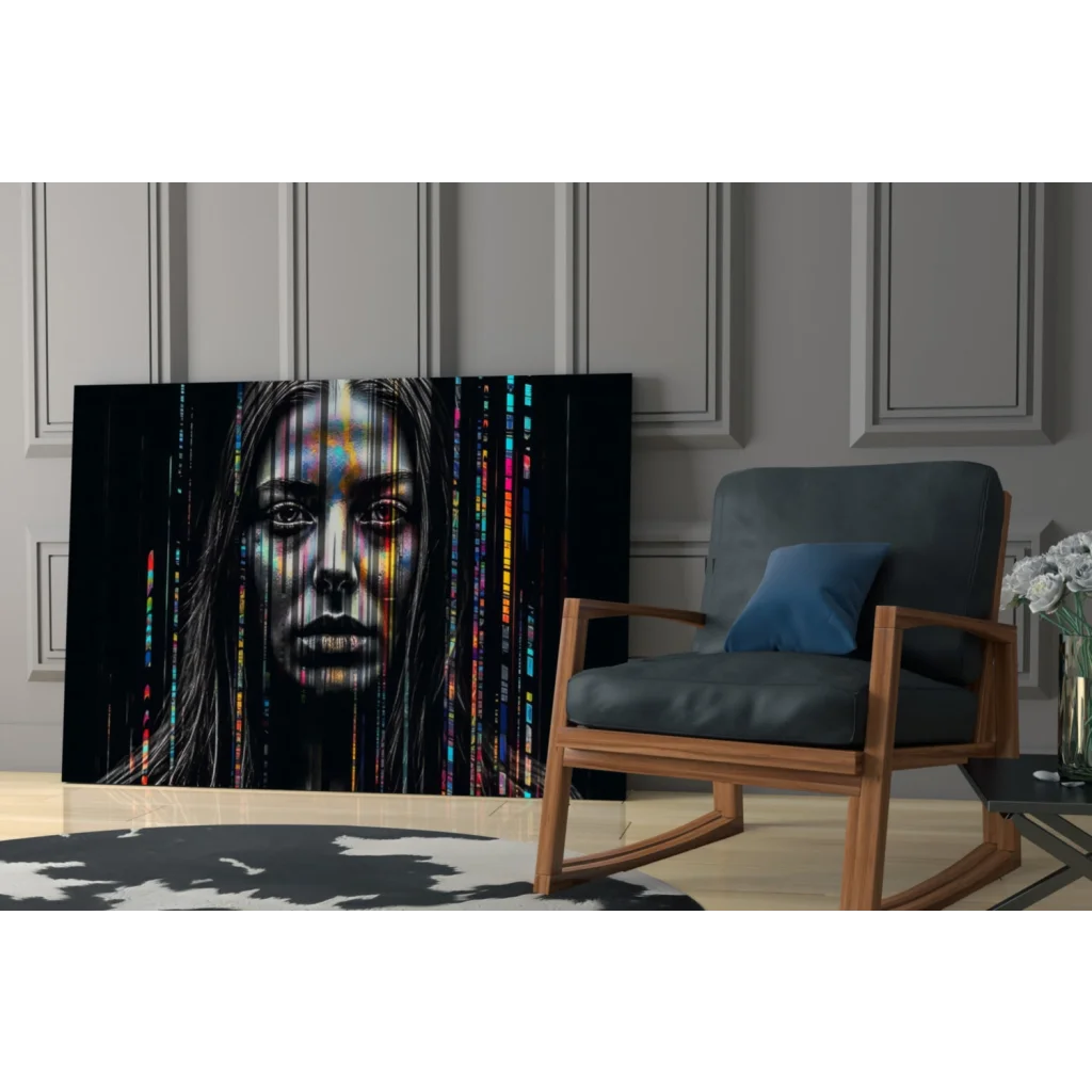 Vibrant rainbow data stream woman glass wall art canvas print