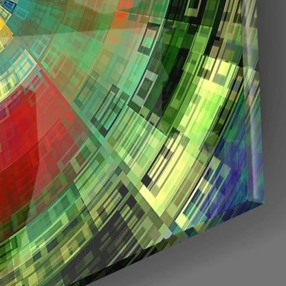 Vibrant glass wall art with concentric circles in bold green, red, blue patterns