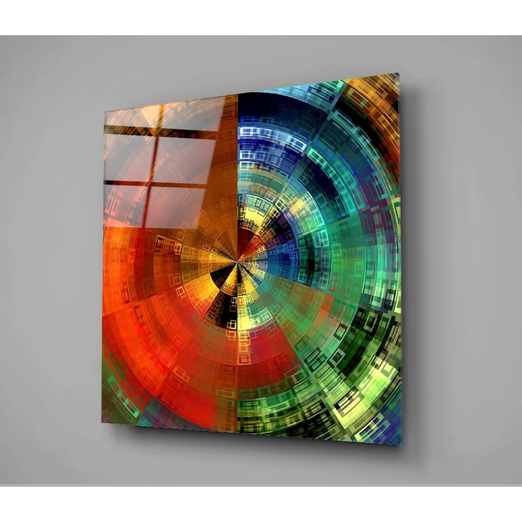 Vibrant concentric circle glass wall art in bold rainbow colors