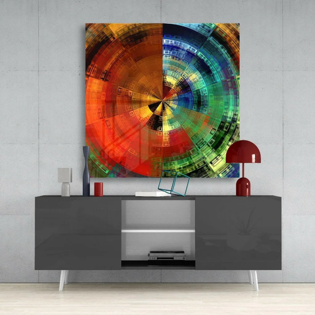 Vibrant concentric circle glass wall art in bold rainbow colors