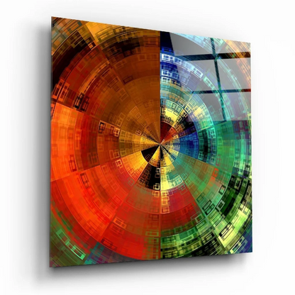 Vibrant concentric circle glass wall art in bold rainbow colors