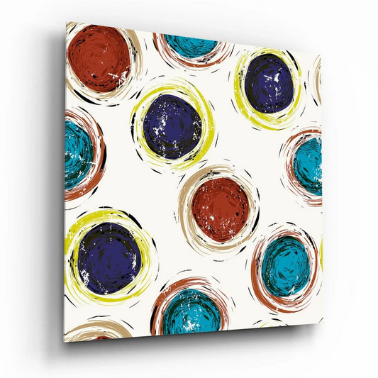 Vibrant abstract glass wall art with bold swirling red teal blue circles