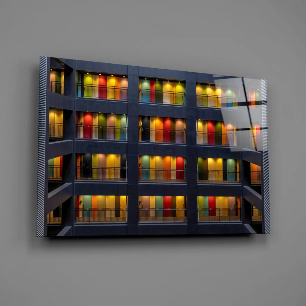 Vibrant rainbow glass wall art canvas print of illuminated building