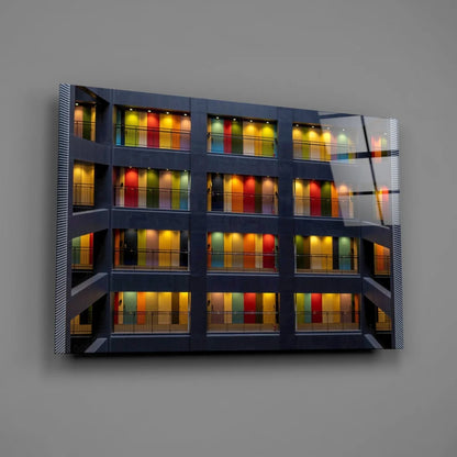 Vibrant rainbow glass wall art canvas print of illuminated building