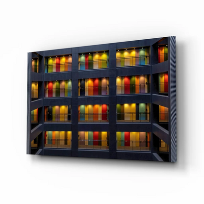 Modern glass wall art canvas print of illuminated rainbow building