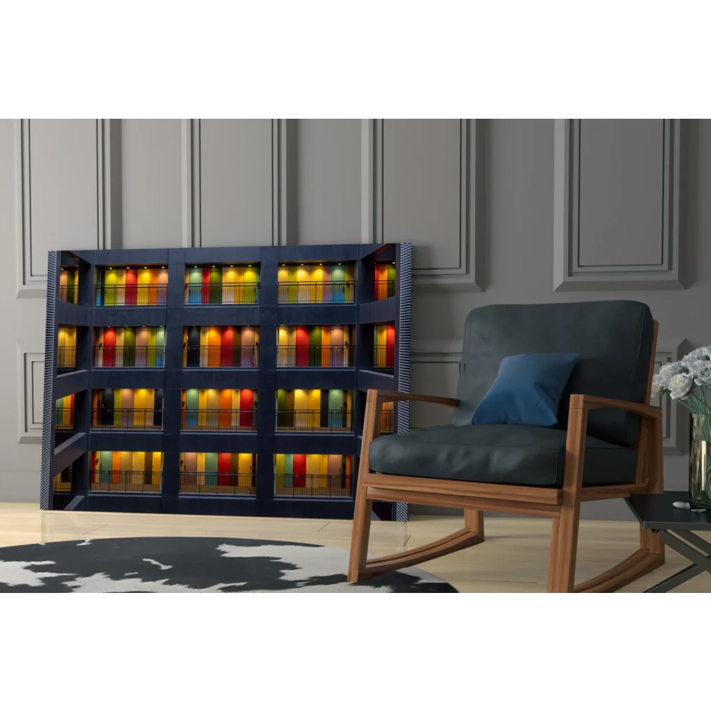 Illuminated glass wall art canvas print of dark blue bookshelf with colorful books