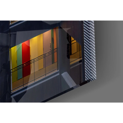 Stylized modern building facade in rainbow glass wall art print