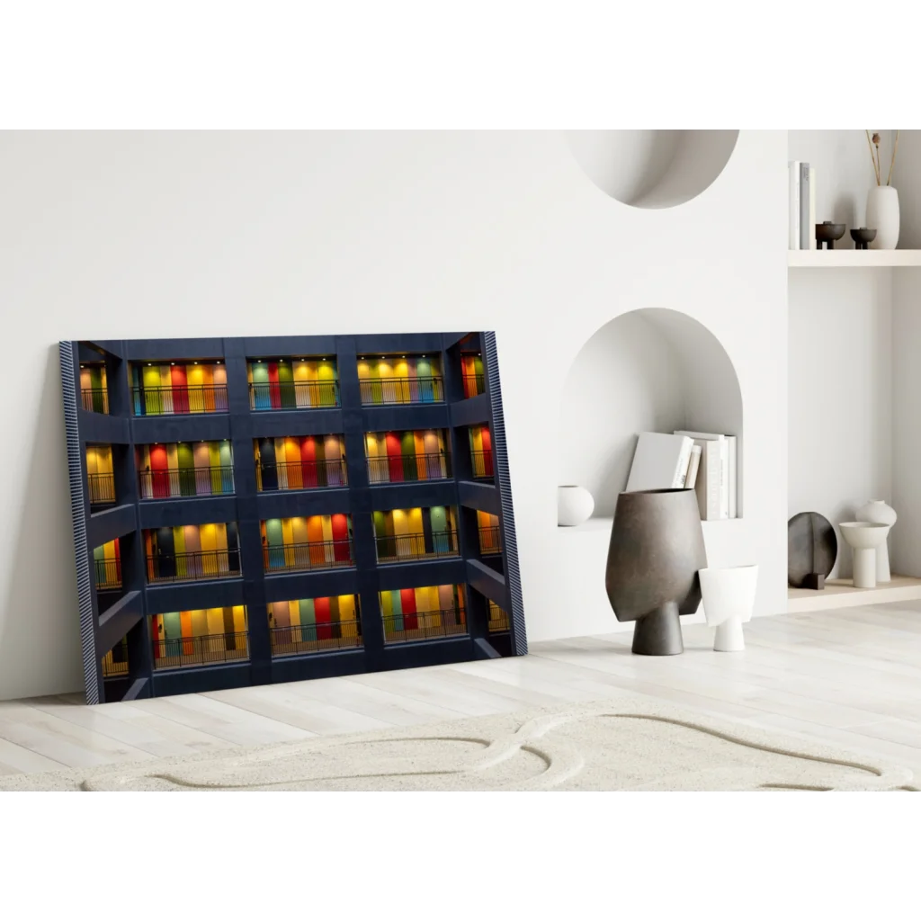 Navy blue framed rainbow glass wall art canvas of illuminated building