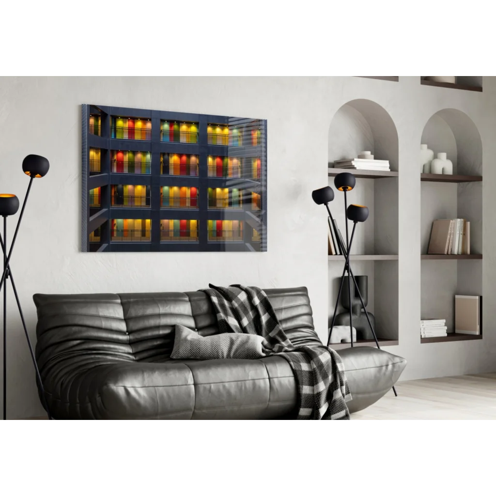 Modern rainbow glass wall art with illuminated colorful building panels
