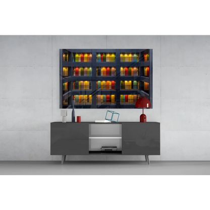 Modern gray console table under rainbow glass wall art of illuminated buildings