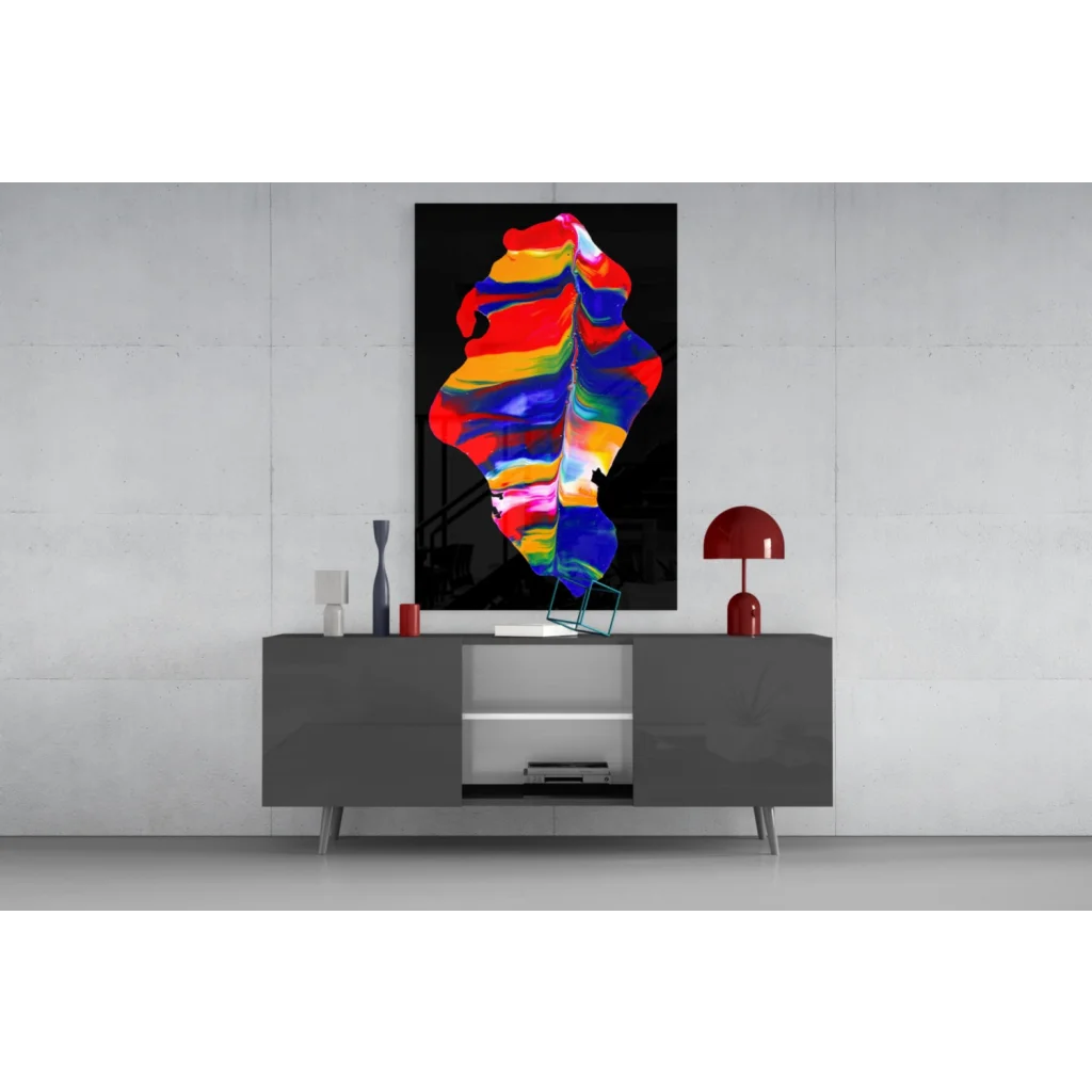 Vibrant abstract glass wall art with swirling red, yellow, blue, orange bands on black