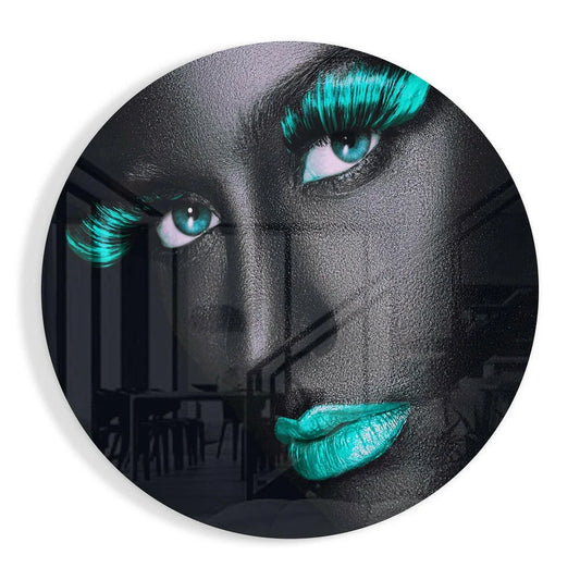 Stunning teal portrait tempered glass art circle with black skin, glittery teal lashes, lips, and striking blue colored eyes