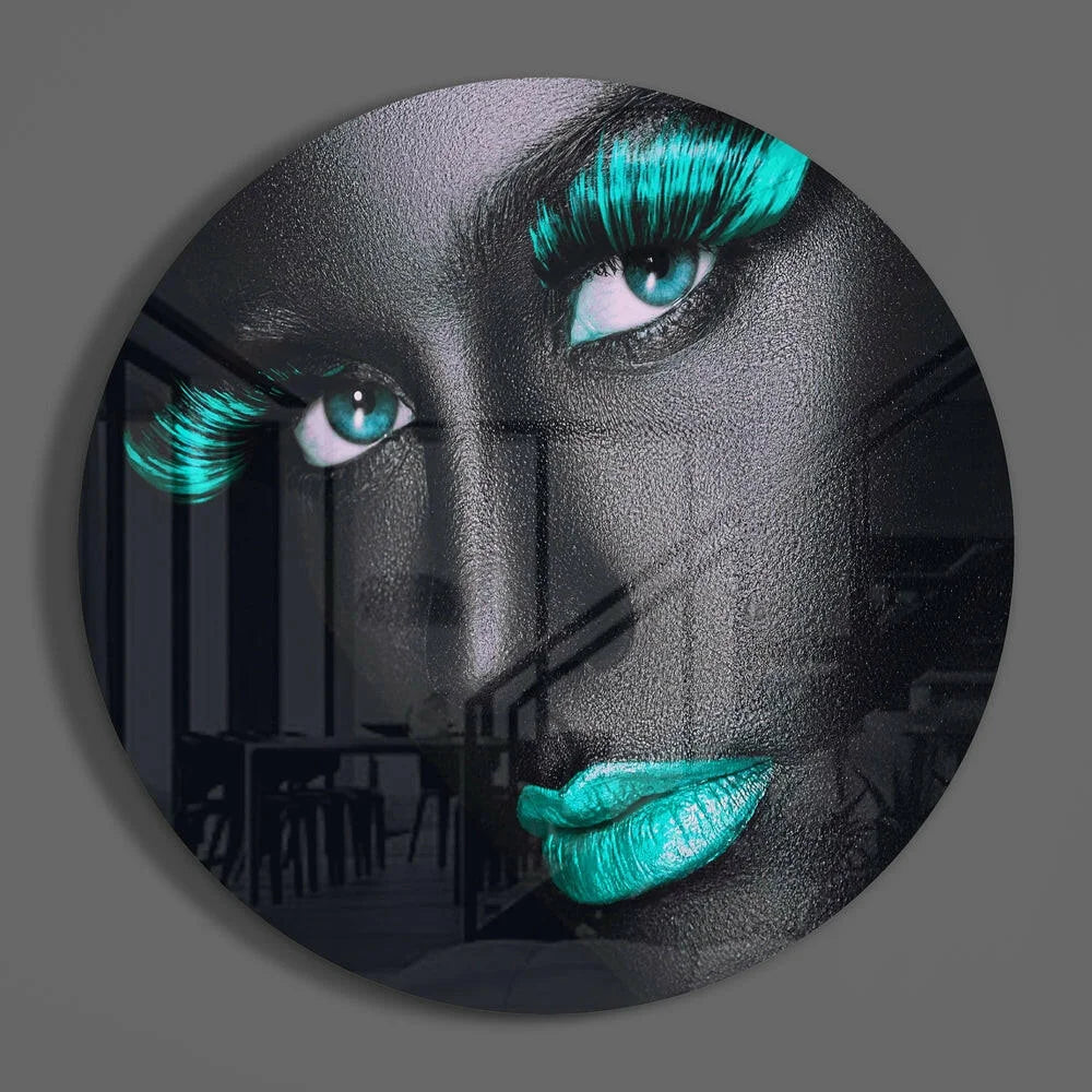 Stunning teal portrait tempered glass art circle with black skin, blue eyes