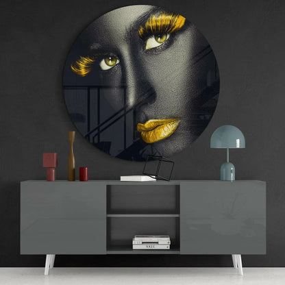 Stunning green eyes tempered glass art with gold accents portrait