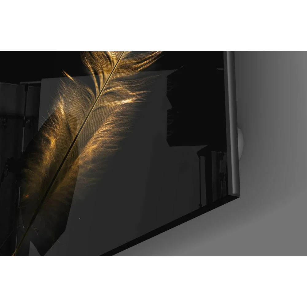 Stunning golden feather glass wall art panel glowing on dark surface