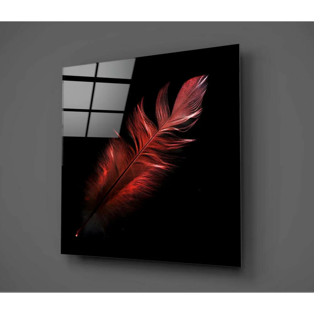 Stunning red feather glass wall art on black panel
