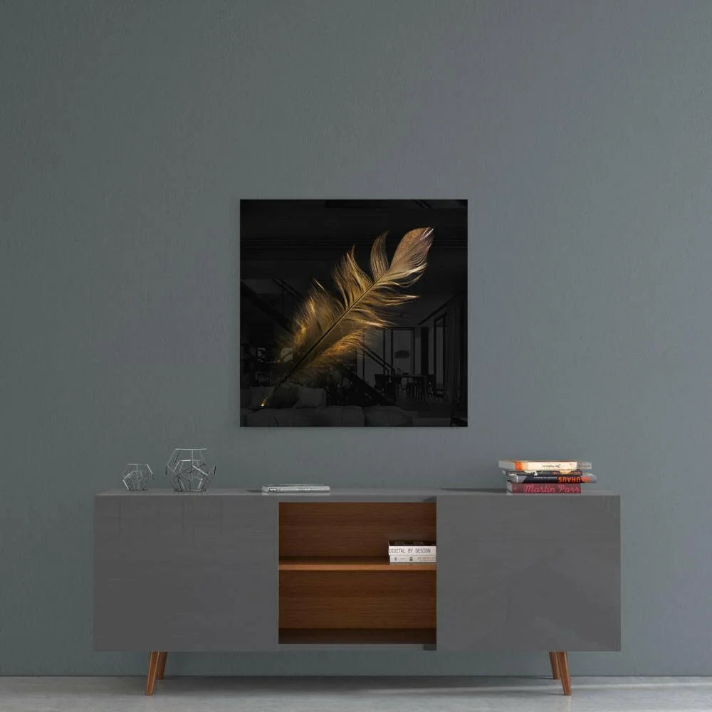 Stunning golden feather glass wall art panel on gray wall