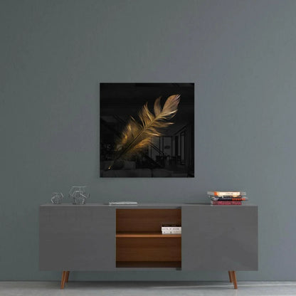 Stunning golden feather glass wall art panel on gray wall