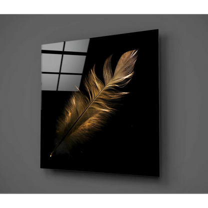 Sleek black glass wall art panel with stunning golden feather design
