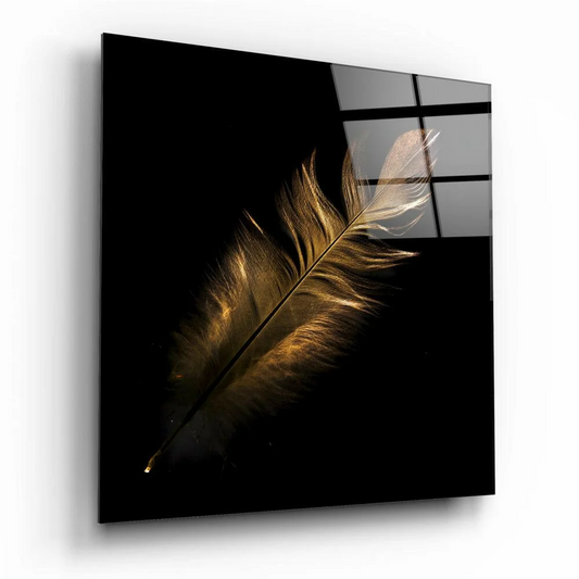 Stunning golden feather glass wall art panel on black glass