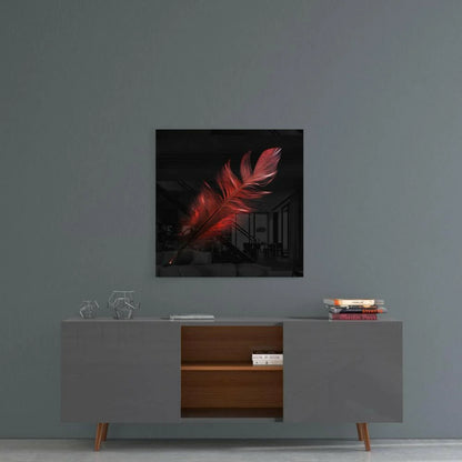 Stunning red feather glass wall art on black panel above console table