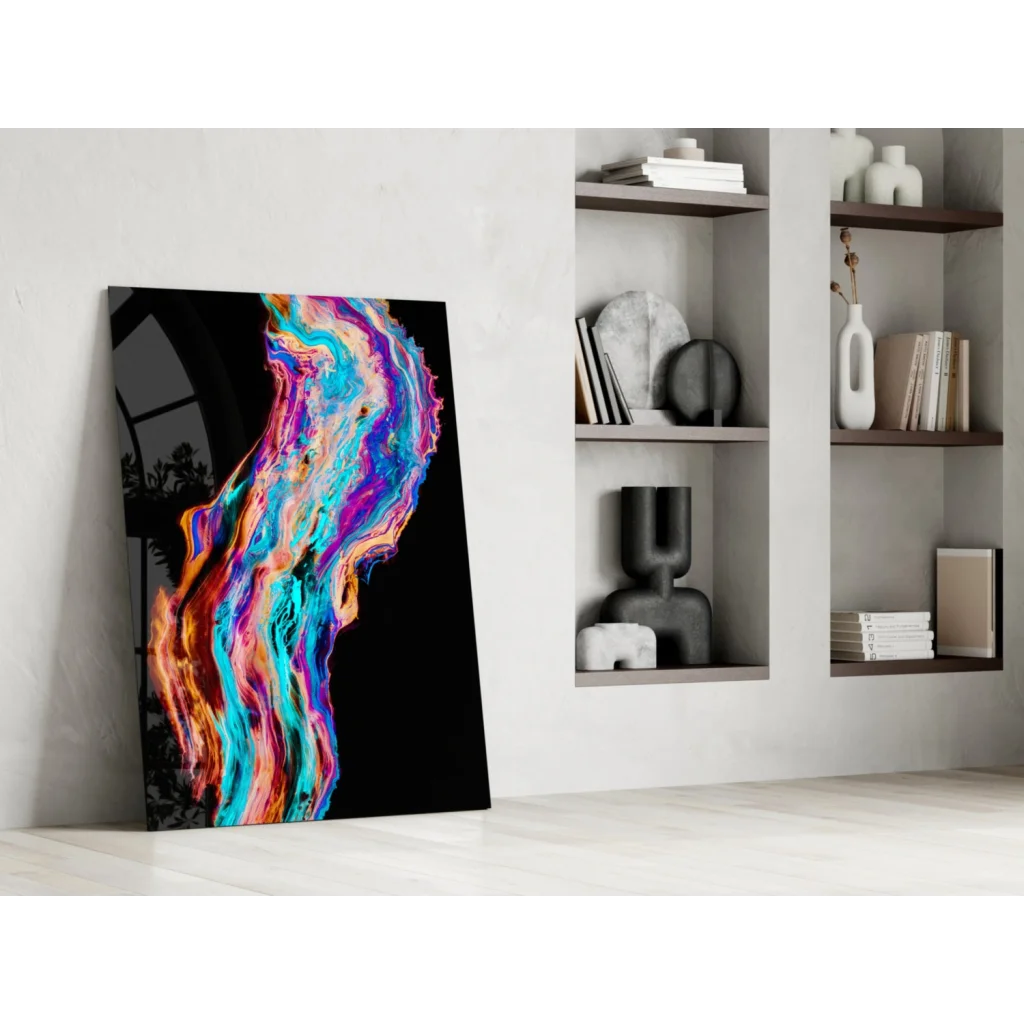 Vibrant swirling blue purple orange teal glass wall art on black canvas