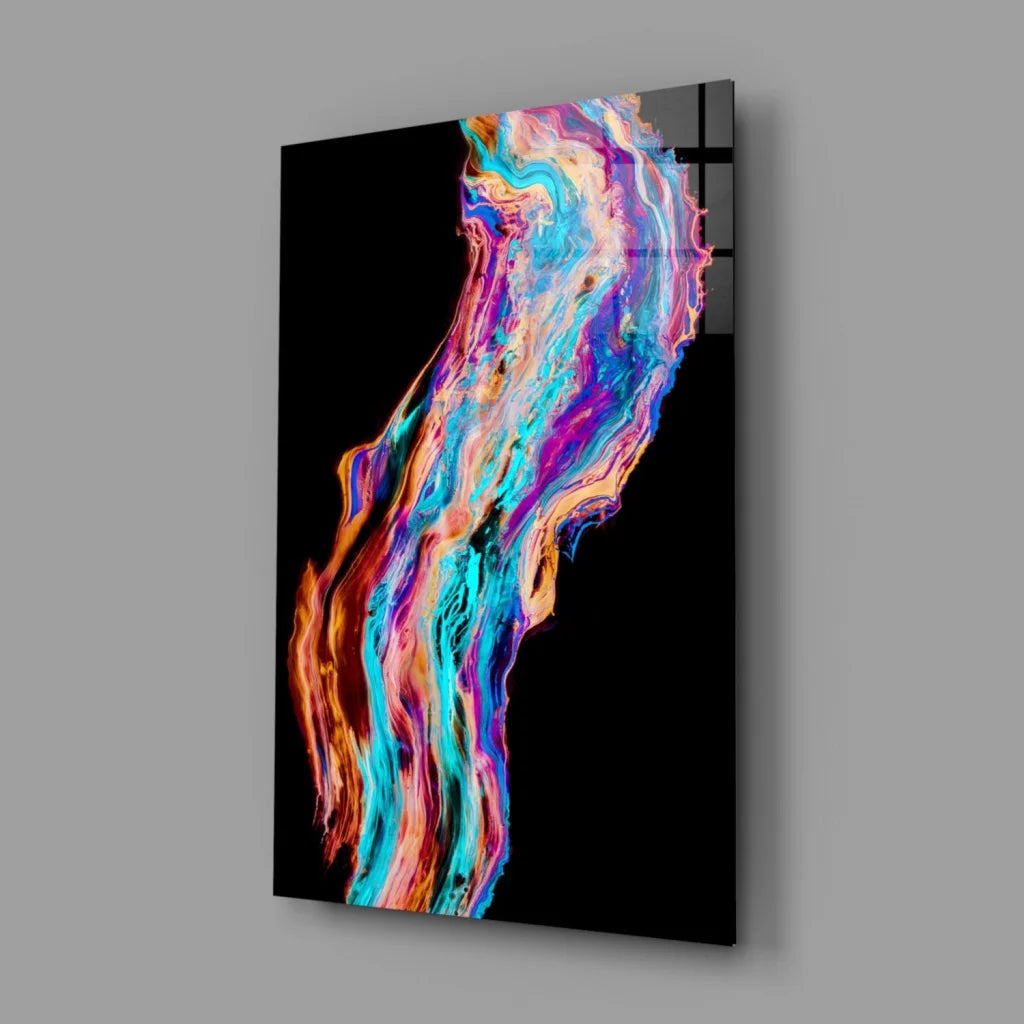 Vibrant swirling colors glass wall art on glossy black canvas