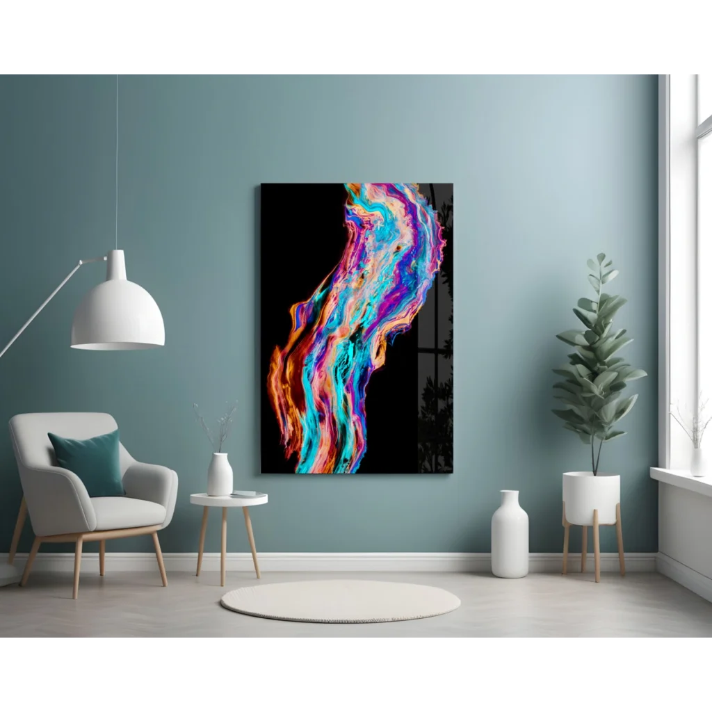 Vibrant swirling rainbow glass wall art on black canvas, modern framed