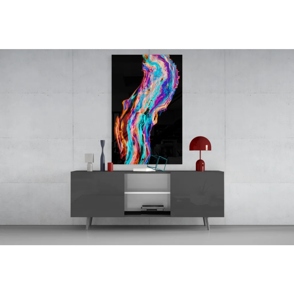 Vibrant swirling blue purple orange pink glass wall art on black canvas