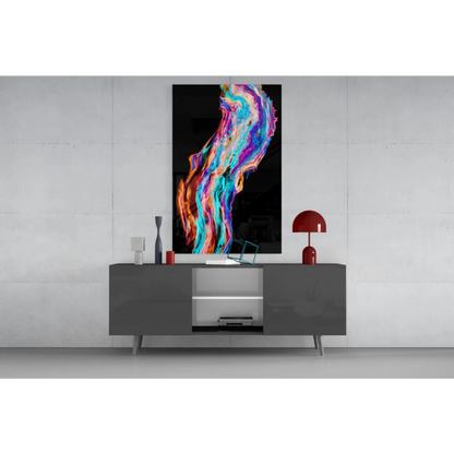 Vibrant swirling blue purple orange pink glass wall art on black canvas
