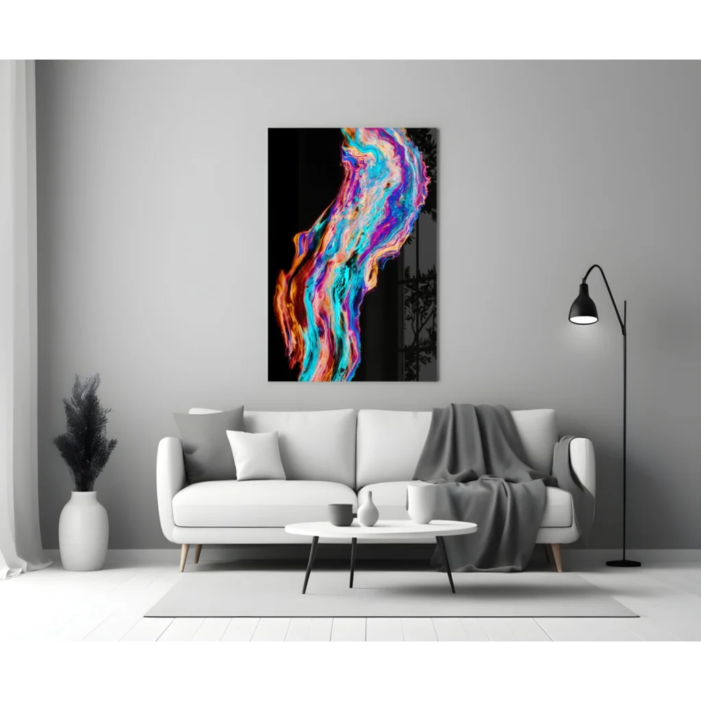 Vibrant swirling pink, blue, orange, purple glass wall art on black canvas