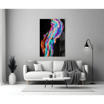 Vibrant swirling pink, blue, orange, purple glass wall art on black canvas