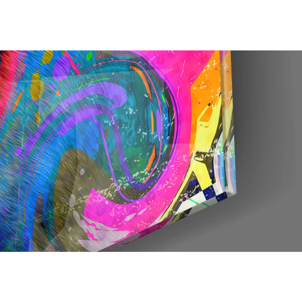 Vibrant Neon Splash Horse glass wall art canvas print with swirling blues, pinks, yellows