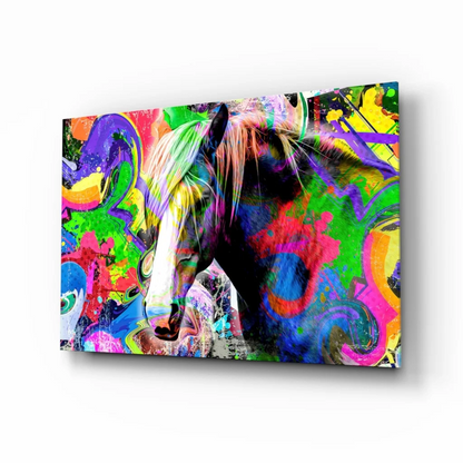 Vibrant neon splash horse glass wall art canvas print