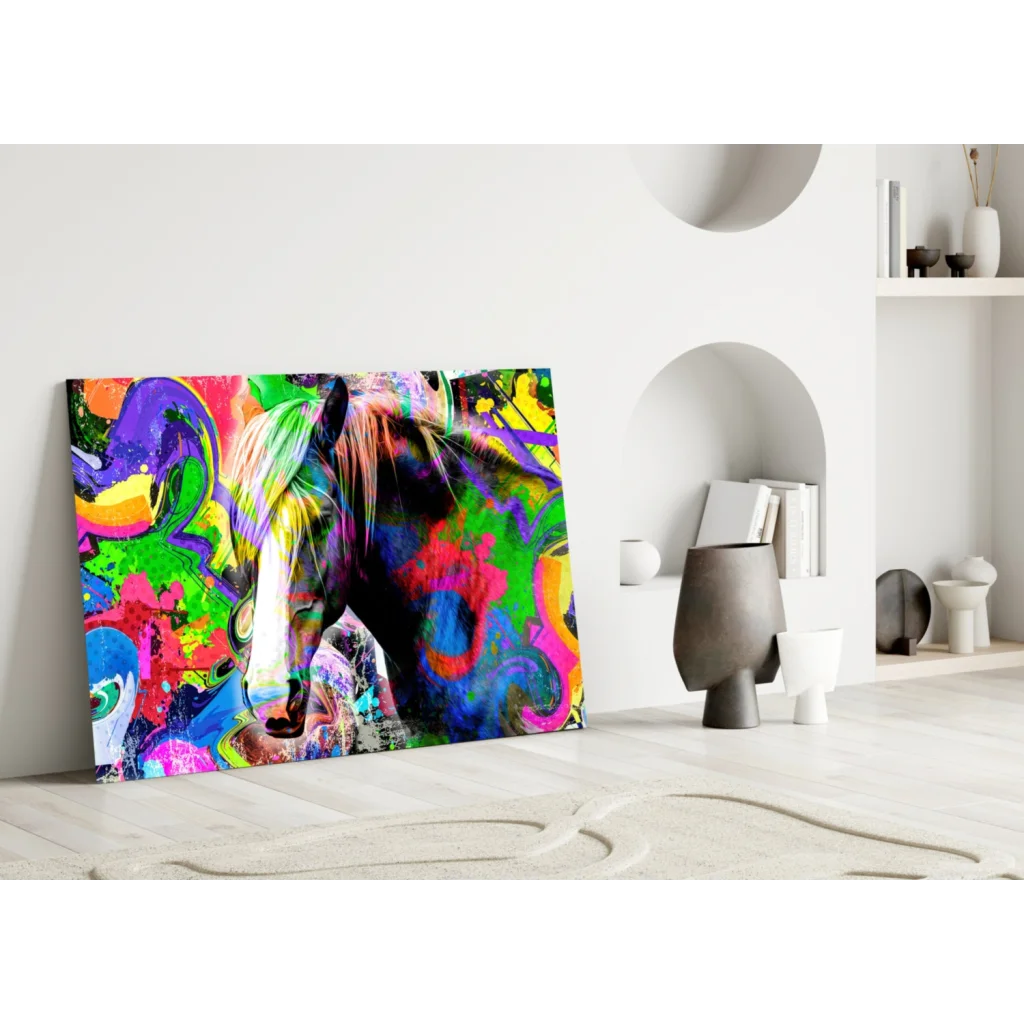 Vibrant neon splash horse glass wall art canvas print in pink, blue, green